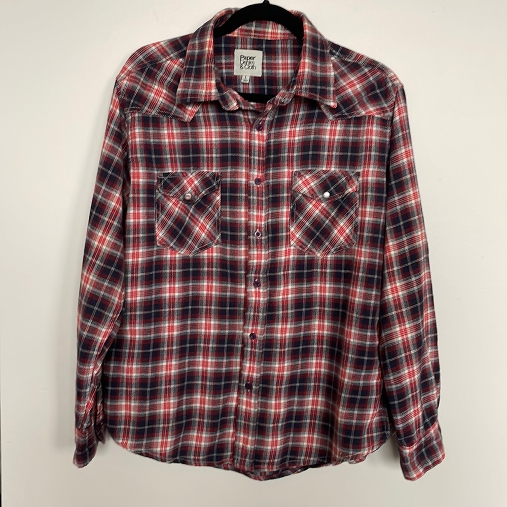 Men’s Western Plaid Shirt, Flannel -Blue, Red, White; Large; Paper Denim & Cloth